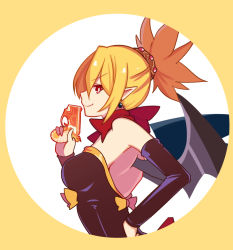 Rule 34 | 1girl, arito arayuru, black wings, blonde hair, blush, bow, breasts, cleavage, demon girl, demon wings, detached sleeves, disgaea, earrings, from side, gloves, gun, holding, holding gun, holding weapon, jewelry, large breasts, looking at viewer, makai senki disgaea 2, pointy ears, red eyes, red neckwear, rozalin, short hair, short ponytail, smile, solo, strapless, upper body, weapon, wings, yellow bow