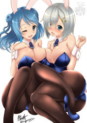 Rule 34 | 10s, 2girls, alternate costume, animal ears, ass, bad anatomy, bad leg, black legwear, blue eyes, blue hair, blush, breast press, breasts, brown legwear, cameltoe, cleavage, detached collar, double bun, embarrassed, fake animal ears, hair ornament, hair over one eye, hairclip, hamakaze (kancolle), hand on own chest, high heels, highres, kantai collection, kongou (kancolle), kuga zankurou, large breasts, leotard, long hair, looking at viewer, multiple girls, necktie, off shoulder, one eye closed, open mouth, pantyhose, playboy bunny, poorly drawn, rabbit ears, rabbit tail, short hair, silver hair, simple background, sitting, smile, tail, urakaze (kancolle), wink, wrist cuffs