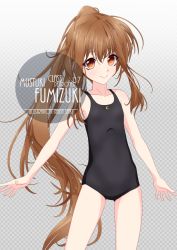 Rule 34 | 1girl, artist name, black one-piece swimsuit, blush, brown eyes, brown hair, character name, checkered background, collarbone, commentary request, cowboy shot, crescent, eyes visible through hair, flat chest, fumizuki (kancolle), gradient background, grey background, hair between eyes, highres, inaba shiki, kantai collection, logo, long hair, looking at viewer, new school swimsuit, one-hour drawing challenge, one-piece swimsuit, ponytail, school swimsuit, simple background, smile, solo, swimsuit