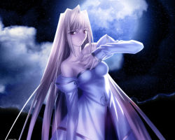 Rule 34 | 00s, 1girl, archetype earth, arcueid brunestud, bare shoulders, blonde hair, breasts, cleavage, cloud, dark, detached sleeves, dress, long hair, medium breasts, night, night sky, official art, official wallpaper, outdoors, red eyes, sideboob, sky, smile, solo, standing, strapless, strapless dress, takeuchi takashi, third-party edit, tsukihime, very long hair, wallpaper, watermark