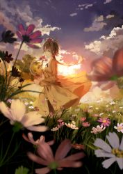 Rule 34 | 1girl, blonde hair, blue sky, blurry, bou shaku, cloud, daisy, depth of field, dress, field, flower, flower field, green eyes, hair flower, hair ornament, hair rings, long hair, long sleeves, luo tianyi, short hair with long locks, sky, smelling flower, solo, standing, star (sky), starry sky, sunset, tree, twintails, very long hair, vocaloid, wind, yellow dress