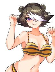 Rule 34 | 1girl, :q, animal ears, arknights, bad id, bad pixiv id, bare arms, bare shoulders, bear ears, beehunter (arknights), bikini, black bikini, black hair, breasts, cleavage, commentary request, hair over one eye, hands up, highres, looking at viewer, medium breasts, mindoll, multicolored hair, navel, purple eyes, short hair, simple background, smile, solo, stomach, striped bikini, striped clothes, swimsuit, tongue, tongue out, upper body, white background, white hair, yellow bikini