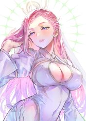 Rule 34 | 1girl, artist name, braid, breasts, cleavage, cleavage cutout, clothing cutout, commentary, covered navel, fire emblem, fire emblem heroes, hand up, large breasts, leotard, lips, loki (fire emblem), long hair, looking at viewer, navel, nintendo, official alternate costume, open mouth, purple eyes, signature, simple background, solo, t misaomaru, upper body, white background, white leotard
