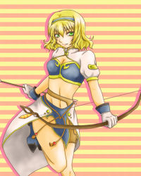 Rule 34 | 1girl, blonde hair, boots, bow (weapon), breasts, cleavage, cosplay, gloves, green eyes, hairband, judith (tales), judith (cosplay), midriff, natalia luzu kimlasca lanvaldear, skirt, tales of (series), tales of the abyss, tales of vesperia, weapon