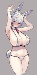 Rule 34 | 1girl, absurdres, animal ears, armpits, bikini, blush, breasts, brll, closed mouth, detached collar, grey background, hands up, highres, huge breasts, looking at viewer, necktie, original, rabbit ears, rabbit pose, rabbit tail, red eyes, red necktie, short hair, short necktie, simple background, solo, swimsuit, tail, white bikini, white hair, wing collar