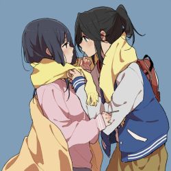 Rule 34 | 2girls, arm up, backpack, bag, black hair, blue background, blue eyes, blue hair, blush, bomber jacket, brown eyes, brown pants, closed mouth, commentary request, eye contact, face-to-face, from side, hair between eyes, hand on another&#039;s arm, hibike! euphonium, jacket, kasaki nozomi, liz to aoi tori, long hair, long sleeves, looking at another, multiple girls, pants, pink shirt, ponytail, red bag, ree (re-19), scarf, shared clothes, shared scarf, shirt, short ponytail, sidelocks, simple background, smile, upper body, white shirt, white sleeves, yellow scarf, yoroizuka mizore, yuri