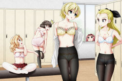 Rule 34 | absurdres, assam (girls und panzer), bapio, black bow, blonde hair, blue eyes, blush, bow, bra, braid, breasts, brown eyes, brown hair, changing room, cleavage, clothes pull, collarbone, commission, darjeeling (girls und panzer), dressing, flower, flower bra, french braid, girls und panzer, hair bow, highres, kay (girls und panzer), large breasts, locker, long hair, looking at another, navel, open mouth, panties, panties under pantyhose, pantyhose, pantyhose pull, parted lips, pink bra, pink hair, pink panties, pixiv commission, pleated skirt, red skirt, rosehip (girls und panzer), rukuriri (girls und panzer), shirt, shirt pull, sitting, skirt, small breasts, smile, standing, thighhighs, underwear, white bra, white panties, white shirt, white thighhighs, window, yellow bra, yellow flower, yellow panties