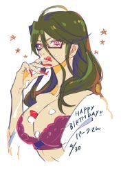 Rule 34 | 1girl, bra, breasts, cleavage, fingernails, food, food on body, food on face, fruit, glasses, green hair, hair between eyes, large breasts, licking lips, long fingernails, long hair, nail polish, nishihara isao, original, red eyes, red nails, solo, strapless, strapless bra, strawberry, tongue, tongue out, underwear