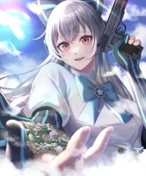 Rule 34 | 1girl, absurdres, blue sky, blue stripes, bow, city, cloud, elbow gloves, giant, giantess, girls&#039; frontline, gloves, grey hair, gun, hair between eyes, hair bow, handgun, highres, holding, holding gun, holding weapon, long hair, looking at viewer, numaguro (tomokun0808), partially fingerless gloves, red eyes, sky, smile, solo, striped clothes, striped gloves, tokarev (girls&#039; frontline), tokarev tt-33, upper body, vertical-striped clothes, vertical-striped gloves, weapon