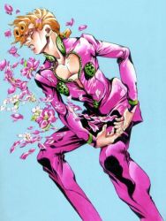 Rule 34 | 1boy, araki hirohiko, blonde hair, clenched teeth, flower, giorno giovanna, jojo no kimyou na bouken, lowres, male focus, manly, official art, pectoral cleavage, pectorals, petals, solo, teeth, vento aureo, victory rolls