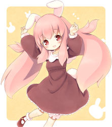 Rule 34 | 1girl, aikei ake, animal ears, bloomers, blush, dress, frilled dress, frills, long hair, mary janes, open mouth, original, pink hair, puffy sleeves, rabbit ears, rabbit tail, red eyes, shoes, smile, socks, solo, tail, underwear, white socks