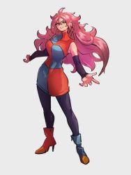 Rule 34 | 1girl, android 21, asymmetrical footwear, blue footwear, boots, breasts, checkered clothes, checkered dress, dragon ball, dragon ball fighterz, dress, earrings, full body, glasses, grey background, hair between eyes, hoop earrings, jewelry, kemachiku, long hair, looking at viewer, medium breasts, mismatched footwear, red eyes, red footwear, red hair, simple background, smile, solo