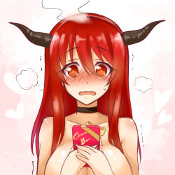 Rule 34 | 10s, 1girl, blush, box, breasts, choker, embarrassed, fake horns, female focus, gift, gift box, heart, horns, large breasts, long hair, looking at viewer, maou (maoyuu), maoyuu maou yuusha, okitakung, open mouth, red eyes, red hair, solo, topless frame, valentine, wavy mouth