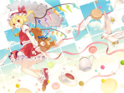 Rule 34 | 1girl, 6u (eternal land), ascot, bad id, bad pixiv id, bare legs, bird, blonde hair, blue sky, blush, bobby socks, candy, cup, feathers, flandre scarlet, flower, food, hat, looking at viewer, macaron, mary janes, open mouth, parasol, petals, red eyes, ribbon, saucer, shoes, short hair, side ponytail, skirt, skirt set, sky, smile, socks, solo, stuffed animal, stuffed toy, sugar cube, sweets, tea, teacup, teapot, teddy bear, touhou, umbrella, wings, wrist cuffs