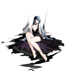 Rule 34 | 1girl, absurdres, alternate costume, azur lane, black dress, blue hair, breasts, cleavage, closed mouth, dress, hair between eyes, hand on own chest, high heels, highres, large breasts, long hair, looking at viewer, purple eyes, purple nails, rodney (azur lane), rodney (meta) (azur lane), shoes, simple background, single shoe, solo, suo bu ye feng, white background, white footwear