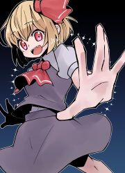 Rule 34 | 1girl, ascot, black skirt, black vest, blonde hair, fang, fangs, highres, is that so, looking at viewer, medium hair, open mouth, reaching, reaching towards viewer, red ascot, red eyes, rumia, shirt, skirt, solo, touhou, vest, white shirt, yoruuta