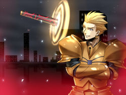 Rule 34 | 1boy, armor, bad id, bad pixiv id, blonde hair, ea (fate/stay night), earrings, fate/stay night, fate (series), gate of babylon (fate), gilgamesh (fate), hair slicked back, jewelry, male focus, mitsuki mitsuno, red eyes, solo, weapon