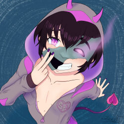 Rule 34 | 1girl, absurdres, breasts, cosplay, demon tail, freckles, heart, heart tail, highres, hood, horns, kigurumi, mask, open clothes, original, purple eyes, purple nails, short hair, simple background, small breasts, smile, solo, tail