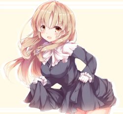 Rule 34 | 1girl, :d, black dress, blush, breasts, brown eyes, commentary request, dress, frilled sleeves, frills, fuuna, gloves, hair between eyes, leaning forward, light brown hair, long hair, long sleeves, looking at viewer, medium breasts, nijisanji, open mouth, puffy long sleeves, puffy sleeves, sister claire, sister claire (1st costume), skirt hold, smile, solo, very long hair, virtual youtuber, white gloves