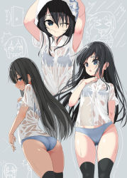 Rule 34 | &gt; &lt;, 1girl, :o, ;(, ^ ^, armpit peek, arms up, asashio (kancolle), ass, black thighhighs, blue panties, blush, chibi, chibi inset, closed eyes, collared shirt, door, dress shirt, drying, drying hair, flat chest, gluteal fold, hand on own chest, highres, kantai collection, kuronaga, long hair, looking at viewer, looking back, looking to the side, multiple views, one eye closed, panties, rain, seductive smile, see-through, shirt, short sleeves, smile, straight hair, thighhighs, underwear, wet, wet clothes, wet shirt