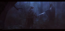 Rule 34 | 2boys, armor, cape, concept art, dark, fantasy, forest, hood, knight, letterboxed, levente peterffy, male focus, moonlight, multiple boys, nature, night, original, shield, sword, weapon