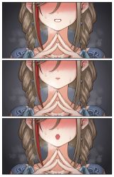 Rule 34 | 1girl, akkgsyk, blue ribbon, blue shirt, blush, braid, brown hair, closed mouth, collarbone, commentary request, facing viewer, fingers together, grey background, grin, hair ribbon, head out of frame, highres, jewelry, kurusu natsume, kurusu natsume (1st costume), lips, long hair, multicolored hair, multiple views, necklace, nervous sweating, nijisanji, open mouth, own hands together, panels, red hair, ribbon, shirt, smile, steam, steaming body, streaked hair, sweat, talking, twin braids, virtual youtuber