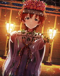 Rule 34 | 10s, 1girl, flower, hair flower, hair ornament, idolmaster, idolmaster million live!, japanese clothes, julia (idolmaster), kanzashi, looking at viewer, miko, official art, red hair, solo