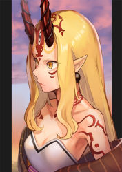 Rule 34 | 1girl, bare shoulders, blonde hair, breasts, cloud, cloudy sky, earrings, facial mark, fate/grand order, fate (series), forehead, forehead mark, from side, hair pulled back, hinoru saikusa, horns, ibaraki douji (fate), japanese clothes, jewelry, kimono, long hair, off shoulder, oni, oni horns, open mouth, pointy ears, sash, sky, small breasts, solo, sunset, tattoo, upper body, wide sleeves, yellow eyes, yellow kimono
