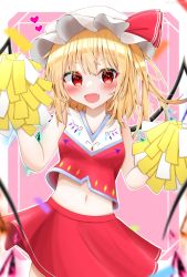 Rule 34 | 1girl, alternate costume, blonde hair, blurry, blurry foreground, cheerleader, confetti, crystal, fang, flandre scarlet, hat, hat ribbon, heart, highres, kaede (kaede fs495), looking at viewer, navel, open mouth, pink background, pom pom (cheerleading), red eyes, red ribbon, red shirt, red skirt, ribbon, shirt, short hair, skirt, solo, touhou, wings