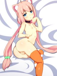 Rule 34 | 1girl, :o, ahoge, animal ears, ass, asymmetrical legwear, bed sheet, black choker, blue eyes, blush, breasts, cat ears, censored, choker, collarbone, commentary request, head tilt, highres, hinata channel, joutarou, long hair, looking at viewer, looking to the side, low twintails, lying, mismatched legwear, mosaic censoring, nekomiya hinata, nipples, on side, orange thighhighs, parted lips, pink hair, pussy, small breasts, solo, striped clothes, striped thighhighs, thighhighs, twintails, very long hair, virtual youtuber