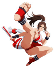 Rule 34 | 1girl, absurdres, armpits, ass, breasts, brown eyes, brown hair, cleavage, collarbone, fatal fury, feet, foot focus, hand fan, highres, japanese clothes, jumping, kicking, kneepits, knees, kuroi ohagi, large breasts, legs, lips, long hair, open mouth, shiranui mai, sideboob, simple background, snk, soles, solo, spread legs, teeth, the king of fighters, toeless legwear, toes, tongue, white background