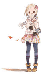 Rule 34 | 1girl, animal bag, autumn, autumn leaves, bag, baozi, barasui, bear bag, beige jacket, black pantyhose, blonde hair, blue scarf, blush stickers, bow, brown eyes, brown hair, brown mittens, child, covering own mouth, dress, eyebrows, floral print, flower, food, frills, full body, glasses, hair flower, hair ornament, hands up, highres, holding, holding food, ichigo mashimaro, jacket, leaf, long sleeves, looking at viewer, mary janes, mittens, multicolored hair, negative space, no nose, official art, pantyhose, parted bangs, pigeon-toed, pink dress, plaid, plaid bow, polka dot, polka dot legwear, polka dot scarf, pom pom (clothes), print dress, ribbed legwear, sakuragi matsuri, scarf, semi-rimless eyewear, shadow, shiny skin, shoes, short dress, short hair, shoulder bag, simple background, solo, standing, steam, striped clothes, striped pantyhose, tareme, two-tone hair, under-rim eyewear, unworn mittens, white background, wind, yellow footwear