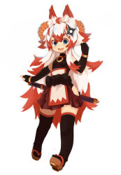 Rule 34 | 1girl, :d, ahoge, animal ears, armlet, bare hips, bare shoulders, black gloves, black thighhighs, blue eyes, blue fire, elbow gloves, fang, fire, fox ears, fox girl, fox tail, full body, geta, gloves, hair ornament, highres, hip vent, imibi (zizi niisan), jewelry, katana, long hair, looking at viewer, multicolored hair, multiple tails, open mouth, original, outline, pendant, red hair, rope, sheath, sheathed, shimenawa, shuriken, shuriken hair ornament, simple background, skirt, smile, solo, standing, sword, tail, teeth, thighhighs, two-tone hair, very long hair, weapon, white background, white hair, zettai ryouiki, zizi niisan