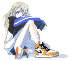 Rule 34 | 1girl, bad id, bad twitter id, bare legs, blonde hair, blue eyes, borrowed character, halftone, hood, hood down, hooded jacket, inactive account, jacket, legs, long hair, looking at viewer, nike (company), original, shoelaces, shoes, short shorts, shorts, simple background, sketch, sleeves past wrists, sneakers, solo, white background, yowamidori