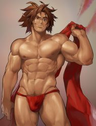 Rule 34 | 1boy, 8 (yamalu), abs, blazblue, body hair, brown eyes, brown hair, cowboy shot, crotch, fundoshi, grey background, groin, highres, japanese clothes, male focus, male pubic hair, male underwear, muscular, nipples, pectorals, pectorals, ponytail, pubic hair, red male underwear, scar, scarf, topless male, shishigami bang, simple background, smile, solo, underwear