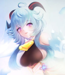 Rule 34 | 1girl, ahoge, bare shoulders, bell, black bodysuit, blue hair, blush, bodice, bodysuit, breasts, cowbell, detached sleeves, ganyu (genshin impact), genshin impact, goat horns, hand on own head, highres, horns, long hair, medium breasts, neck bell, open mouth, purple eyes, smile, solo, upper body, vision (genshin impact), yuan (xp1447998769)