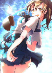 Rule 34 | 10s, 1girl, ass, blue skirt, blue sky, blush, brown eyes, brown hair, day, from behind, hakama, hakama short skirt, hakama skirt, highres, ichijo rei, japanese clothes, kaga (kancolle), kantai collection, looking at viewer, looking back, muneate, muneate removed, open mouth, pleated skirt, short hair, side ponytail, skirt, sky, solo, tasuki
