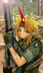 Rule 34 | 101st airborne, 1girl, 7.62x51mm nato, alternate costume, ammunition, ammunition belt, bandolier, belt-fed, blonde hair, blood, blood stain, bullet, chain, character name, commentary request, cuffs, fingerless gloves, fingernails, forest, full-power cartridge, general-purpose machine gun, gloves, gun, headband, holding, holding gun, holding weapon, horns, hoshiguma yuugi, lens flare, lmg cartridge, m13 link, m60, machine gun, military, military cartridge, nail polish, nakamura 3sou, nature, outdoors, patch, photo background, pointy ears, red eyes, red nails, rifle cartridge, serious, shackles, sharp fingernails, short sleeves, shoulder patch, single horn, sleeves rolled up, solo, star (symbol), tan, touhou, tree, upper body, vietnam war, weapon