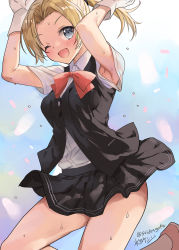 Rule 34 | 1girl, armpits, arms up, blonde hair, blue eyes, blush, bow, bowtie, brown footwear, gloves, highres, jumping, kantai collection, maikaze (kancolle), mizuta kenji, one-hour drawing challenge, one eye closed, open mouth, pleated skirt, ponytail, red bow, school uniform, short sleeves, skirt, solo, sweat, vest