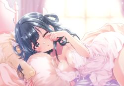 Rule 34 | 1girl, absurdres, ahoge, alternate costume, amano nene (vtuber), backlighting, bare arms, bare shoulders, black hair, breasts, cleavage, commentary, commission, english commentary, hair rings, highres, hugging object, kuroi mimei, large breasts, long hair, looking at viewer, morning, nightgown, on bed, one eye closed, pillow, pillow hug, production kawaii, rubbing eyes, second-party source, see-through, skeb commission, sleepwear, solo, spaghetti strap, thick thighs, thighs, virtual youtuber, waking up, white chemise, white nightgown, wing hair ornament