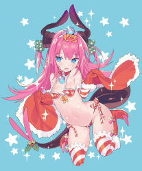 Rule 34 | 1girl, arched back, armor, bare shoulders, bikini armor, blade (galaxist), blue background, blue eyes, blush, breasts, choker, christmas, christmas ornaments, curled horns, diagonal stripes, dragon girl, dragon horns, dragon tail, elizabeth bathory (brave) (fate), elizabeth bathory (fate), fang, fate/grand order, fate (series), full body, fur-trimmed gloves, fur trim, glint, gloves, green ribbon, groin, hair between eyes, hair ribbon, head tilt, heart, heart-shaped pupils, horns, looking at viewer, navel, open mouth, oversized clothes, pink hair, pointy ears, polka dot, polka dot ribbon, red armor, red choker, red gloves, ribbon, sidelocks, small breasts, solo, sparkle, star (symbol), striped clothes, striped thighhighs, symbol-shaped pupils, tail, thighhighs, two side up