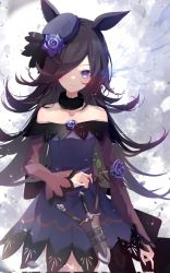 Rule 34 | 1girl, animal ears, black hair, breasts, collarbone, commentary request, corrupted twitter file, flower, gothic lolita, hair over one eye, hat, highres, horse ears, horse girl, horse tail, knife, lolita fashion, long hair, looking at viewer, motoi (croa76), purple eyes, rice shower (umamusume), rose, sheath, sheathed, small breasts, solo, tail, umamusume, weapon