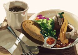 Rule 34 | absurdres, bread slice, coffee, coffee cup, commentary request, cup, disposable cup, egg (food), food, food focus, food request, fork, highres, michinoku (hiking miusan18), napkin, no humans, original, plate, salad, spoon, still life, toast