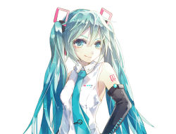 Rule 34 | 1girl, aqua eyes, aqua hair, bare shoulders, detached sleeves, hair ornament, hatsune miku, hatsune miku (vocaloid4), hiro chikyuujin, long hair, looking at viewer, looking to the side, necktie, shirt, shoulder tattoo, sleeveless, sleeveless shirt, smirk, solo, standing, tattoo, twintails, very long hair, vocaloid, white background, white shirt