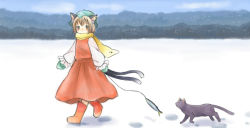 Rule 34 | 1girl, animal ears, bad id, bad pixiv id, blue sky, boots, brown eyes, brown hair, cat, cat ears, cat tail, chen, cloud, earrings, female focus, fish, footprints, forest, frown, green hat, hat, horizon, jewelry, l size, long sleeves, looking at viewer, mittens, multiple tails, nature, rubber boots, scarf, short hair, single earring, skirt, sky, snow, solo, string, tail, touhou, two tails, vest