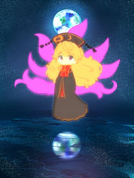 Rule 34 | 1girl, bad id, bad pixiv id, black dress, blonde hair, chinese clothes, crescent, dress, earth (planet), energy, fox tail, gradient background, hat, junko (touhou), long hair, long sleeves, multiple tails, own hands together, planet, red eyes, reflection, ribbon, risaayu, sash, solo, space, tabard, tail, tears, touhou, very long hair, wide sleeves