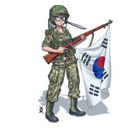 Rule 34 | 1girl, absurdres, black hair, boots, brown eyes, camouflage, camouflage jacket, camouflage pants, closed mouth, commission, full body, glasses, green footwear, gun, helmet, highres, holding, holding gun, holding weapon, jacket, looking at viewer, m1 garand, military, combat helmet, military uniform, original, ostwindprojekt, pants, republic of korea army, rifle, shadow, short hair, simple background, sleeves rolled up, south korean flag, standing, trigger discipline, uniform, vietnam war, weapon, white background