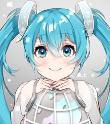Rule 34 | 1girl, aqua hair, aqua nails, bare shoulders, clip studio paint (medium), commentary, detached sleeves, english commentary, globe, gremlinbon, grey background, hair ornament, hatsune miku, hatsune miku expo, highres, light particles, long hair, looking at viewer, nail polish, hugging object, silver sleeves, smile, solo, twintails, twitter username, upper body, very long hair, vocaloid