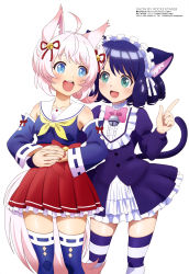 Rule 34 | 2girls, absurdres, animal ears, bare shoulders, blue hair, blue thighhighs, cat ears, cyan (show by rock!!), finger gun, highres, howan (show by rock!!), multiple girls, pink hair, show by rock!!, simple background, striped clothes, striped legwear, striped thighhighs, tail, thighhighs, white background, yuri