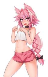 Rule 34 | 1boy, alternate costume, animal ears, astolfo (fate), bare shoulders, braid, braided ponytail, choker, commentary request, cowboy shot, dog boy, dog ears, dog tail, fang, fate/grand order, fate (series), hair between eyes, hevn, long hair, looking at viewer, midriff, navel, open mouth, pink eyes, pink hair, shorts, simple background, skin fang, sleeveless, solo, tail, tongue, trap, white background